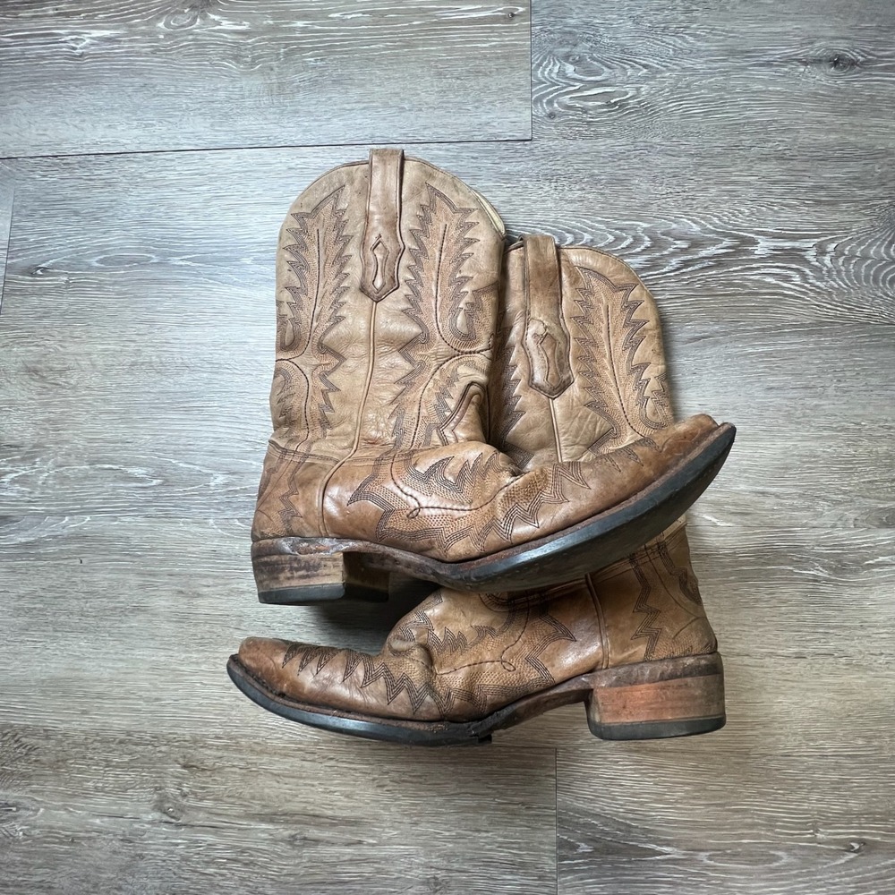 Corral Vintage Cowboy Boots Womens 9 Tan Leather Embroidered Snip Toe Western